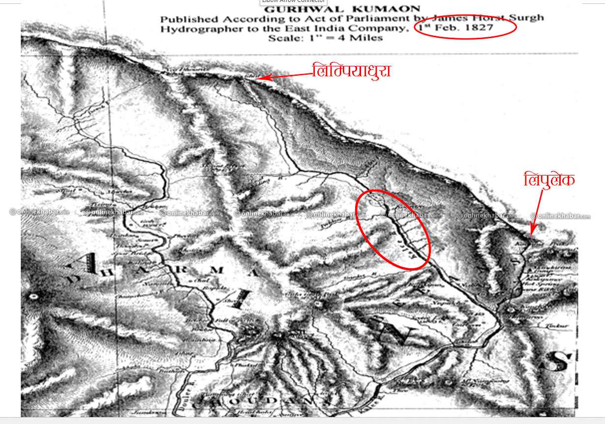 सुगौली सन्धिपछिको नक्सामा कालीको मुहान लिम्पियाधुरा