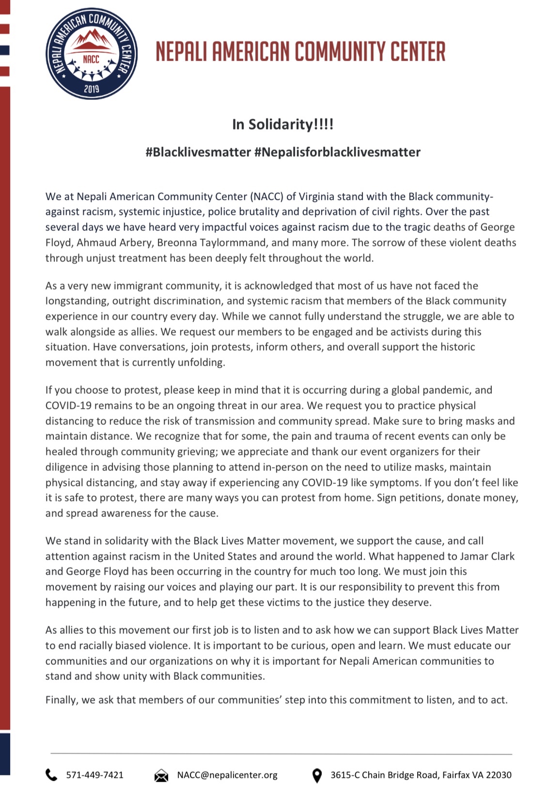 रंगभेदविरोधी आन्दोलनको समर्थनमा सक्रिय हुन न्याकको आग्रह