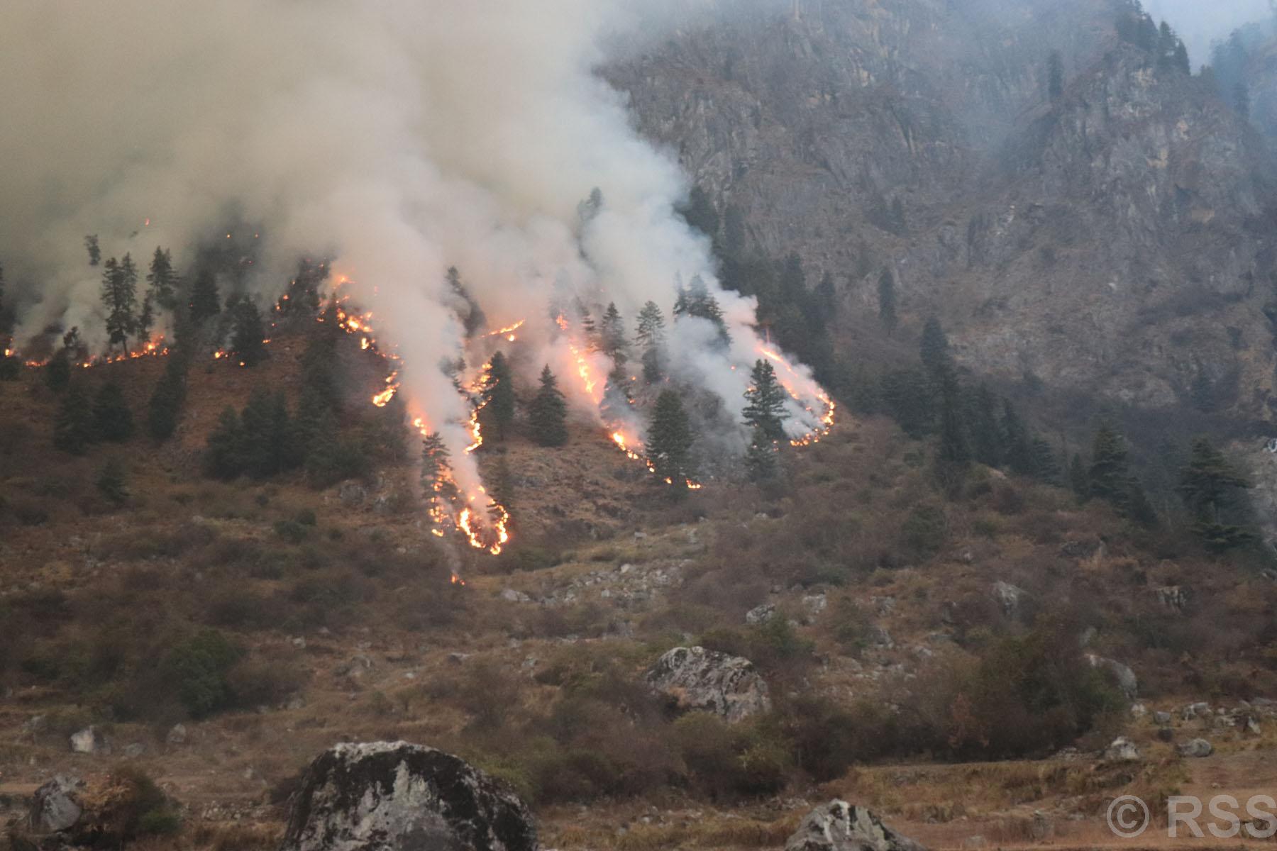 मनाङमा डेढ महिनादेखि आगलागी, अझै नियन्त्रणमा आउन सकेन