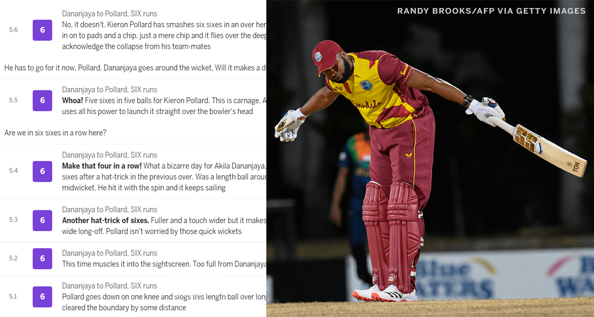 अन्तर्राष्ट्रिय खेलमा एकै ओभरमा ६ छक्का प्रहार गर्ने पोलार्ड तेस्रो खेलाडी