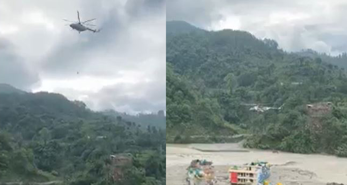 सिन्धुपाल्चाेकाे बाढीले हाेटलकाे छतमा अलपत्र परेका २ जनाकाे सेनाद्वारा उद्दार