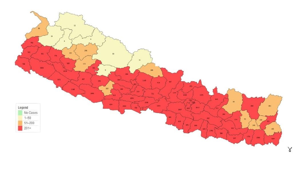 घट्दै सङ्क्रमण दर, ४२ जिल्लामा ५०० भन्दा बढी सक्रिय संक्रमित
