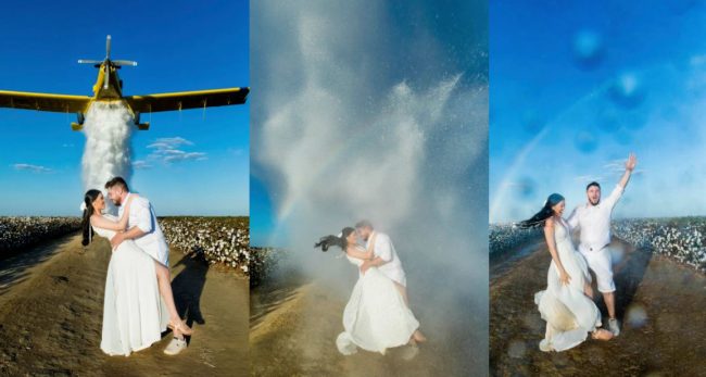 नवविवाहित जोडीको फोटोसुटमा ब्याकग्राउण्डमा इन्द्रेणी पार्न हवाइजहाजबाट पानी खन्याइयो