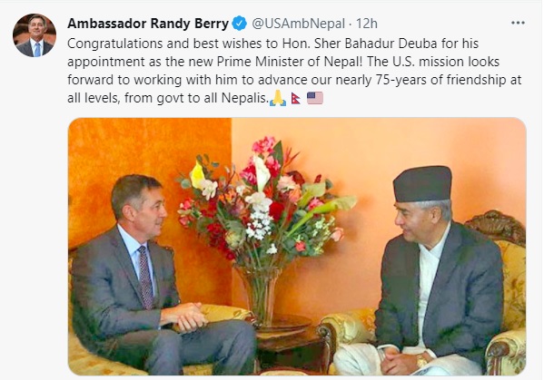 प्रधानमन्त्री देउवालाई अमेरिकी राजदूतको बधाई