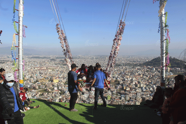 स्वयम्भूस्थित ‘सिंगल ट्रि’ मा पिङ खेल्ने र टिकटक बनाउनेको लर्को (फाेटाेफिचर)