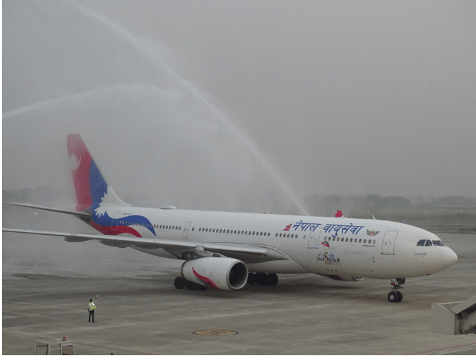 नेपाल एयरलाइन्सको वाइडबडी जहाज गौतमबुद्ध अन्तर्राष्ट्रिय विमानस्थलमा अवतरण