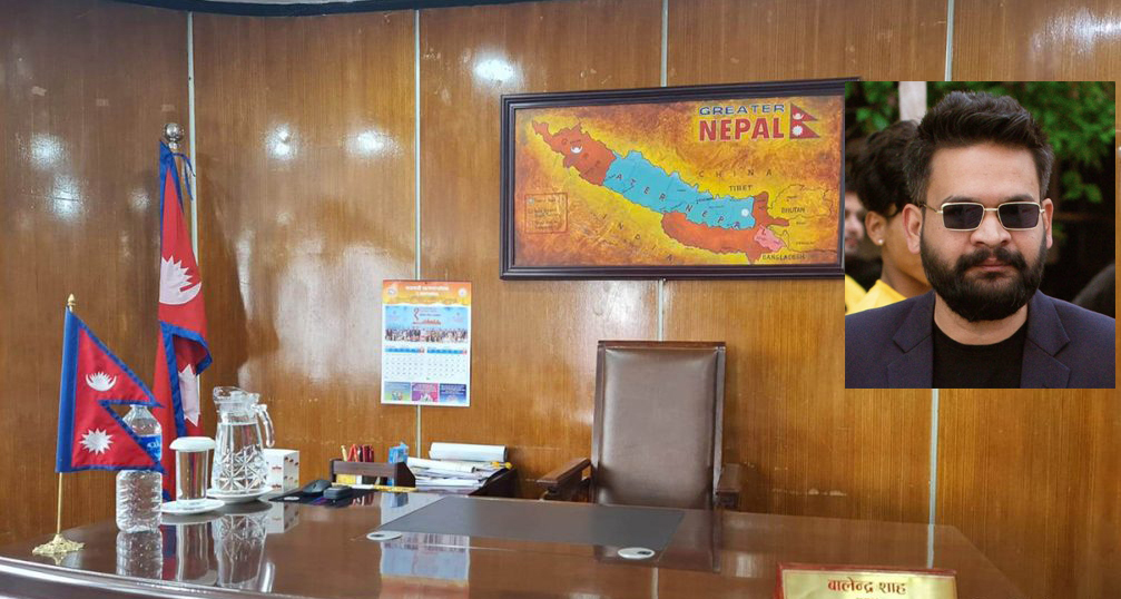 ‘अखण्ड भारत’ को नक्सालाई काउण्टर दिँदै मेयर शाहको कार्यकक्षमा ग्रेटर नेपालको नक्सा
