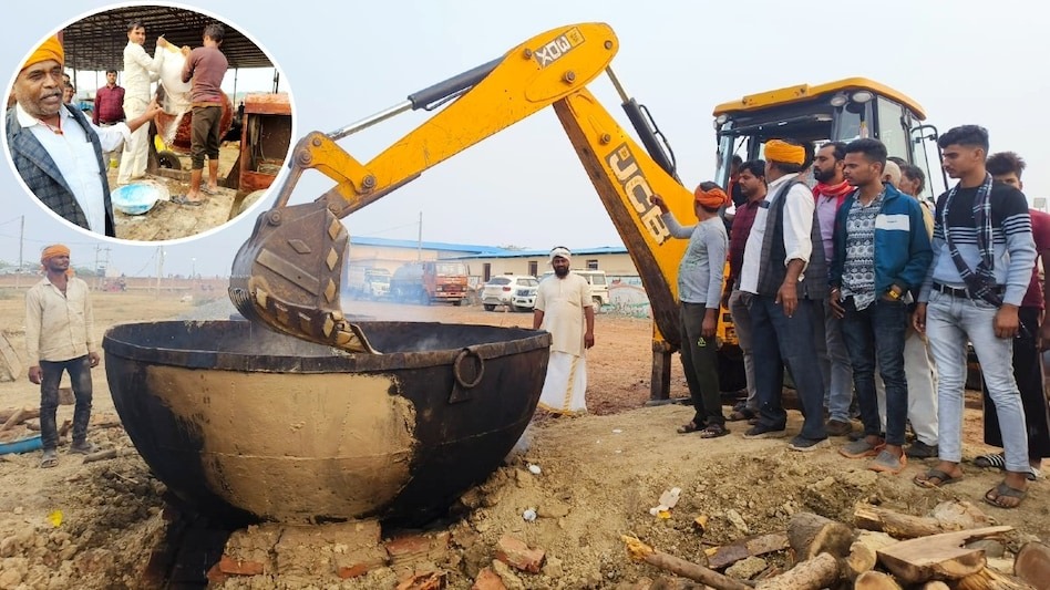 डोजरले चलाएर तरकारी बनाइँदै, गिट्टी-सिमेन्ट मिक्सरमा मालपुवाको घोल बनाइँदै