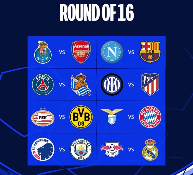 च्याम्पियन्स लिगको राउण्ड १६ को ड्र सार्बजनिक