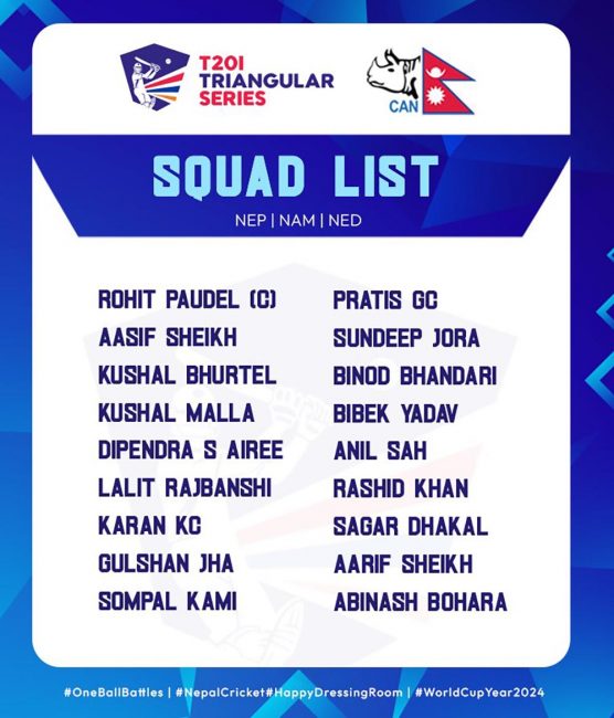 मंगलबारदेखि हुने त्रिकोणात्मक टी-२० सिरिजका लागि नेपाली टिमको घोषणा