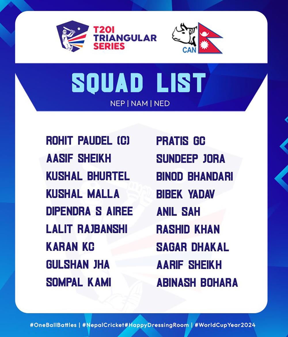 मंगलबारदेखि हुने त्रिकोणात्मक टी-२० सिरिजका लागि नेपाली टिमको घोषणा