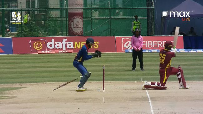 सागर ढकालले एकै ओभरमा २ विकेट लिएपछि वेस्ट इण्डिज ए ब्याकफुटमा