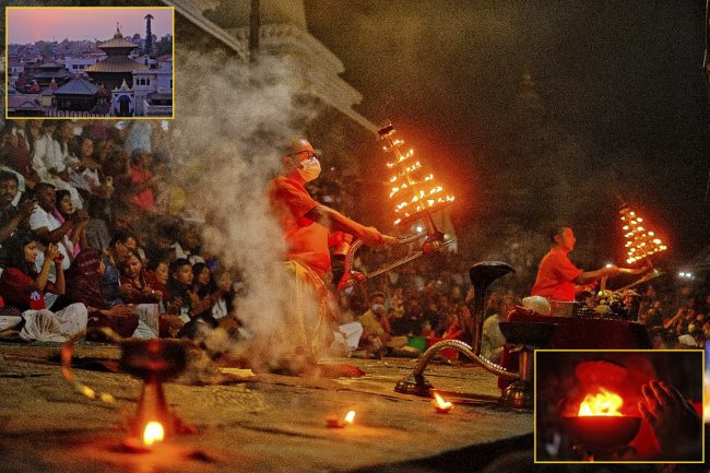 पशुपतिनाथ मन्दिरको सन्ध्याकालीन आरतीमा आनन्द लिँदै श्रद्धालु (फोटोफिचर)