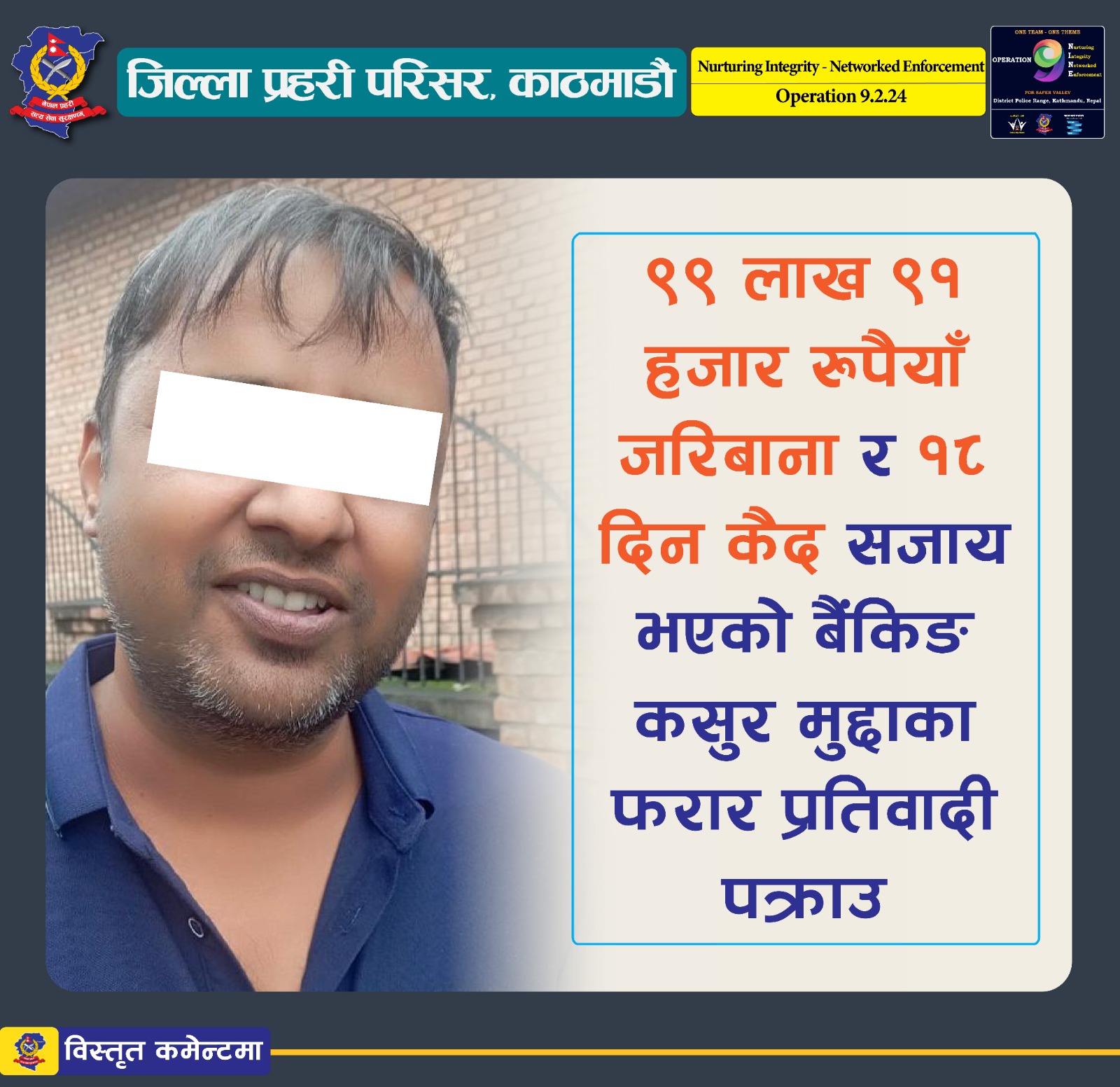 ९९ लाख ९१ हजारको बैंकिङ कसुर मुद्दाका फरार अभियुक्त पक्राउ