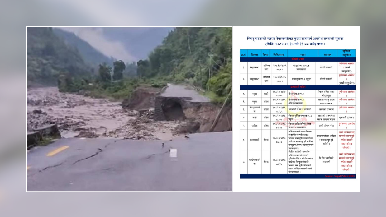 विपद्का कारण नेपालभरका मुख्य राजमार्गहरू अवरुद्ध, यातायात सेवा प्रभावित