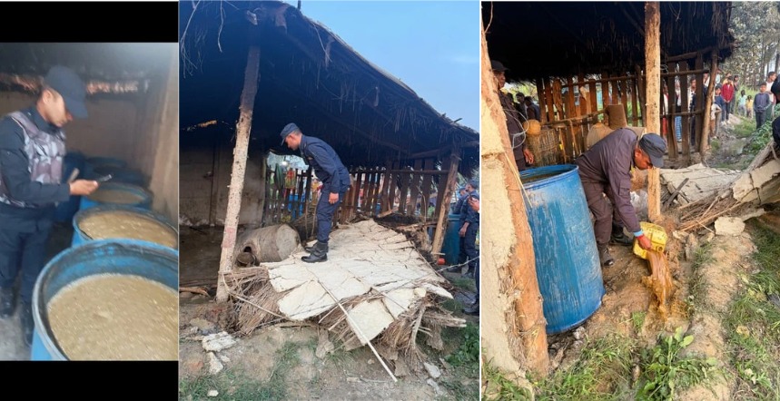 सर्लाहीमा प्रहरीद्वारा अवैध घरेलु मदिरा नष्ट
