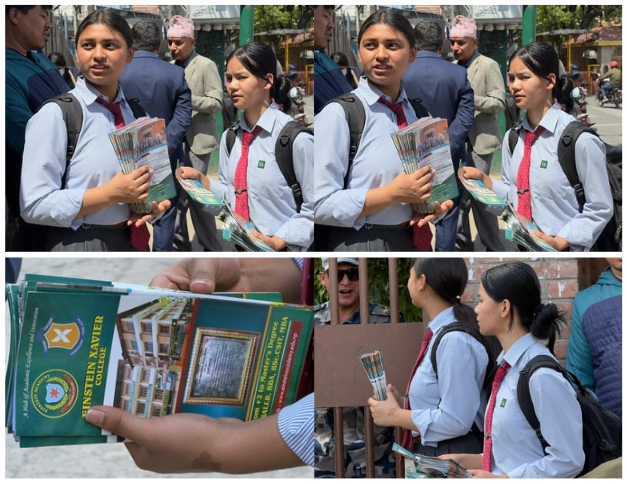 आइन्स्टाइन जेभियरका विद्यार्थी कलेजको मार्केटिङमा, परीक्षा केन्द्र बाहिर पर्चा वितरण