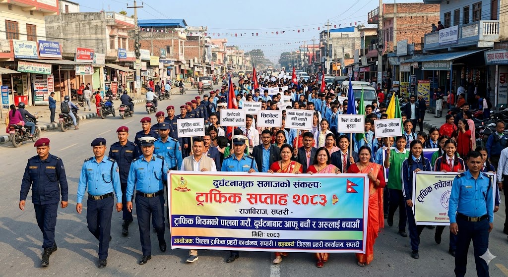 दुर्घटनामुक्त समाजको संकल्पसहित राजविराजमा ‘ट्राफिक सप्ताह २०८३’ सुरु