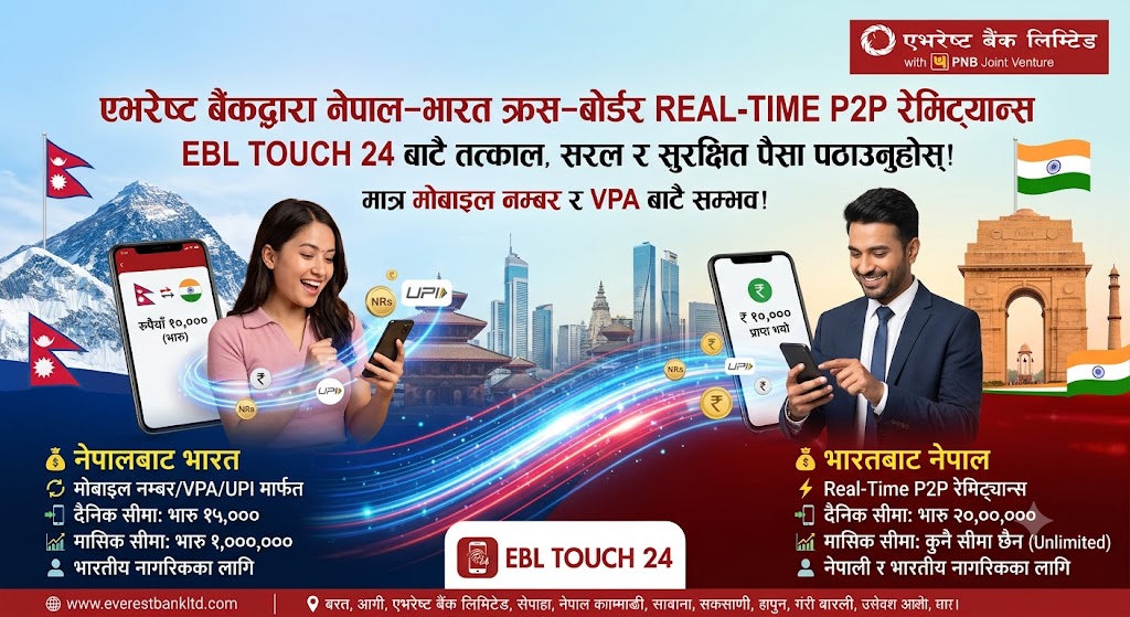 एभरेस्ट बैंकद्वारा नेपाल-भारत क्रस-बोर्डर रियल-टाइम (P2P) रेमिट्यान्स सेवाको थालनी