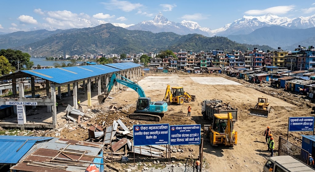 पोखरा बसपार्क निर्माणका लागि महानगरद्वारा व्यापारिक संरचना हटाइयो, सुकुम्वासी बस्ती स्थानान्तरणको तयारी