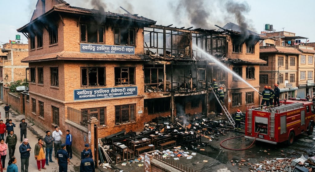 भक्तपुरको विद्यालयमा भीषण आगलागी, दुई तला क्षतिग्रस्त