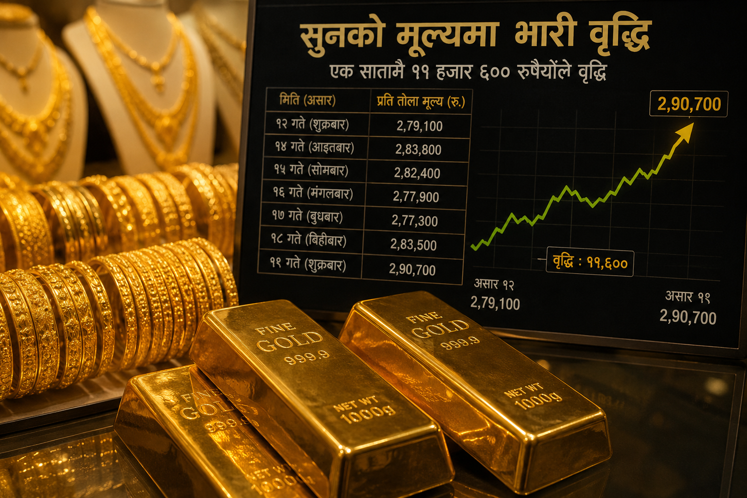 सुनको मूल्यमा उछाल: एकै सातामा ११ हजार ६०० रुपैयाँले बढ्यो, प्रतितोला २ लाख ९० हजार नाघ्यो