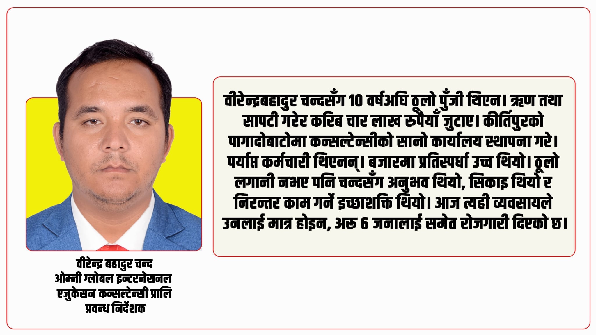 चार लाखबाट सुरु भएको यात्रा : वीरेन्द्र बहादुर चन्दको संघर्षदेखि उद्यमशीलतासम्म