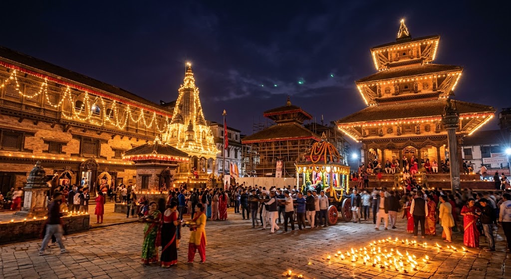 इन्द्रजात्रादेखि हनुमानढोका दरबार क्षेत्रका मन्दिरहरू रात्रिकालीन बत्तीले झिलिमिली हुने