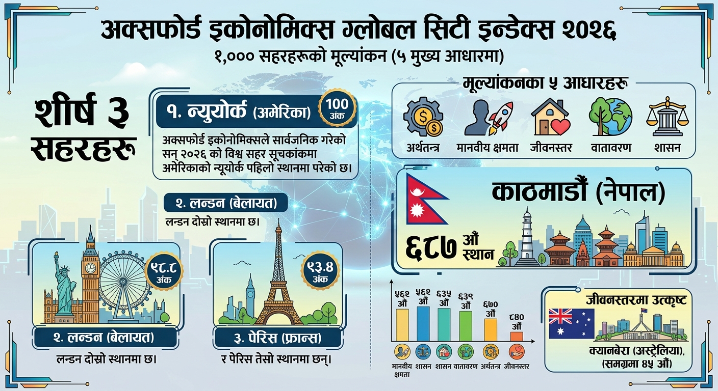 अक्सफोर्ड इकोनोमिक्स ग्लोबल सिटी इन्डेक्स २०२६: न्युयोर्क शीर्ष स्थानमा, काठमाडौँ ६८७ औँ