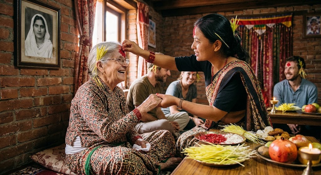 ठमेलमा विदेशी पर्यटकले हर्षोल्लासका साथ लगाए टीका र जमरा